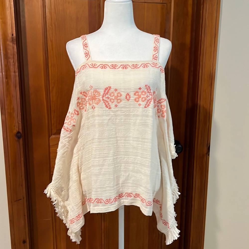 Cold Shoulder Embroidered Poncho Style Shirt